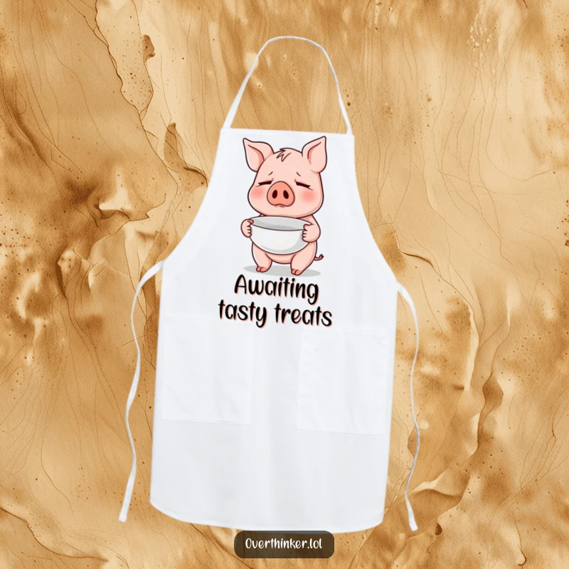 Funny apron with a pig nervously holding an empty bowl, adding humor to cooking and kitchen activities for food lovers.