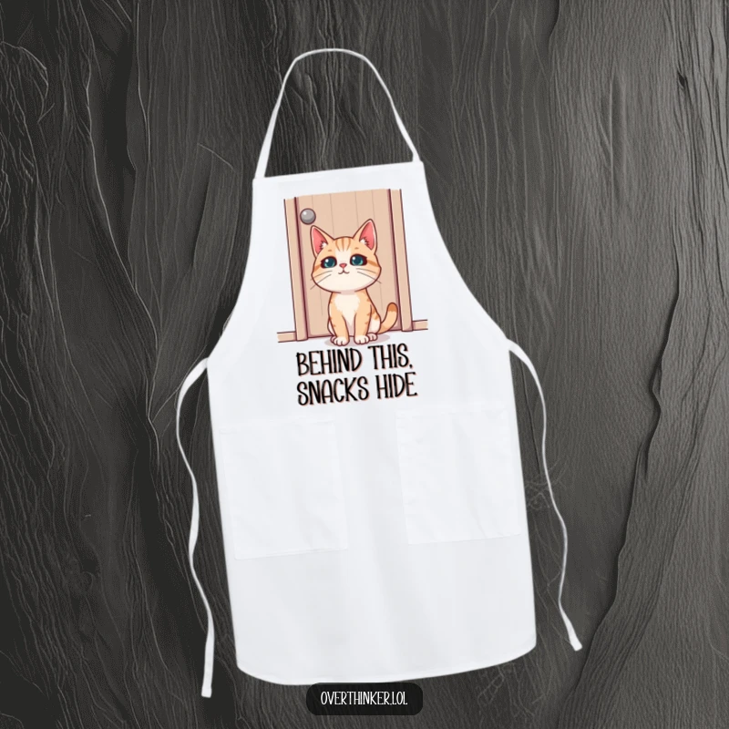 Funny apron featuring a cat with deep concentration staring at a closed door, perfect for adding humor to cooking.
