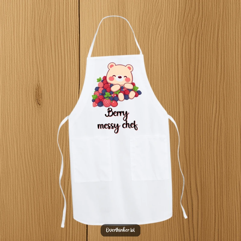 Funny Bear Apron: a bear overwhelmed by berries, ideal for kitchen humor.