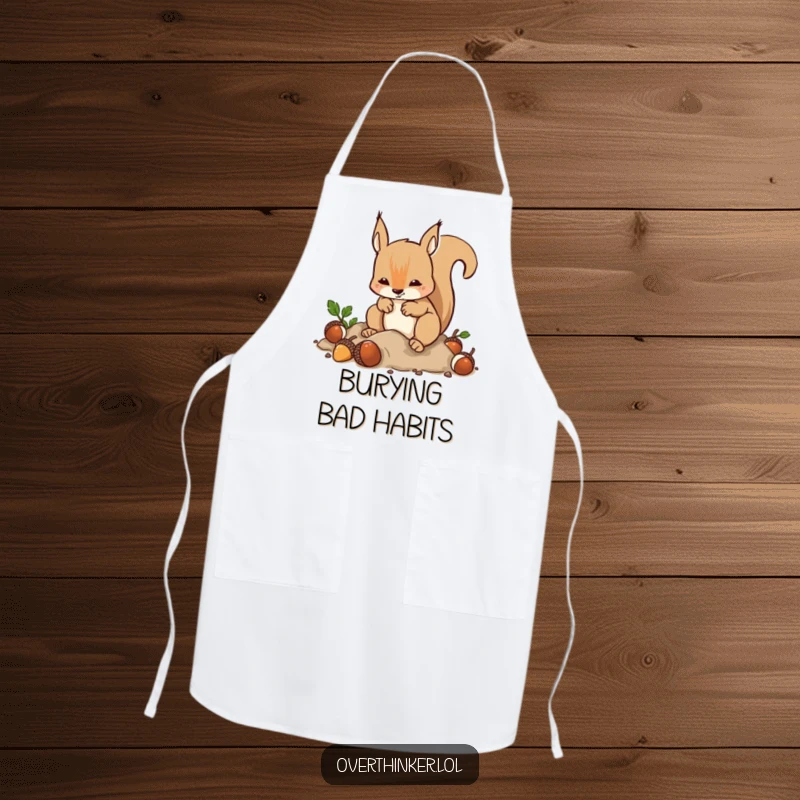 Funny Apron: A squirrel burying and quickly unburying acorns humorously combines kitchen protection with frantic energy.