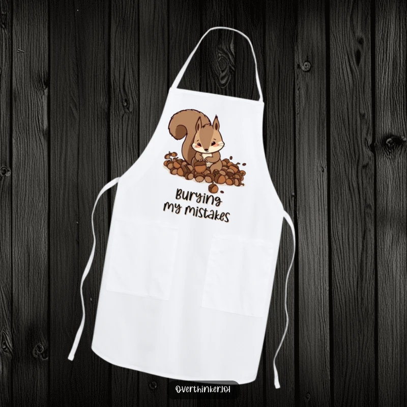 Funny Squirrel Apron: a squirrel frantically burying acorns, ideal for kitchen humor.