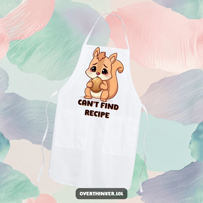 Funny squirrel apron featuring a perplexed character holding a nut, ideal for humorous kitchen endeavors. Great gift.
