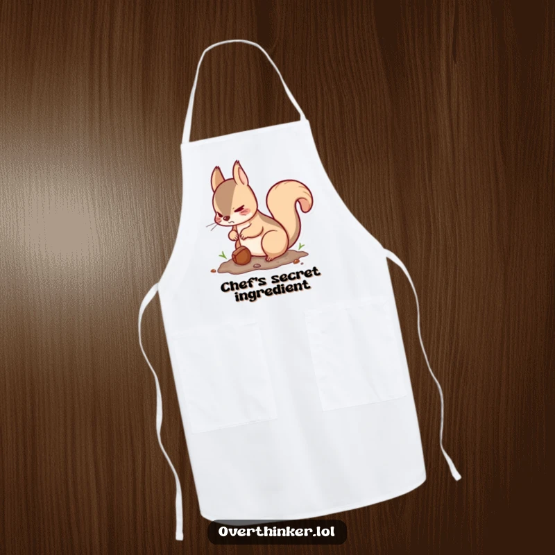Funny Kawaii squirrel apron showing a cute squirrel burying a nut and looking around nervously, ideal for kitchen humor and protection.