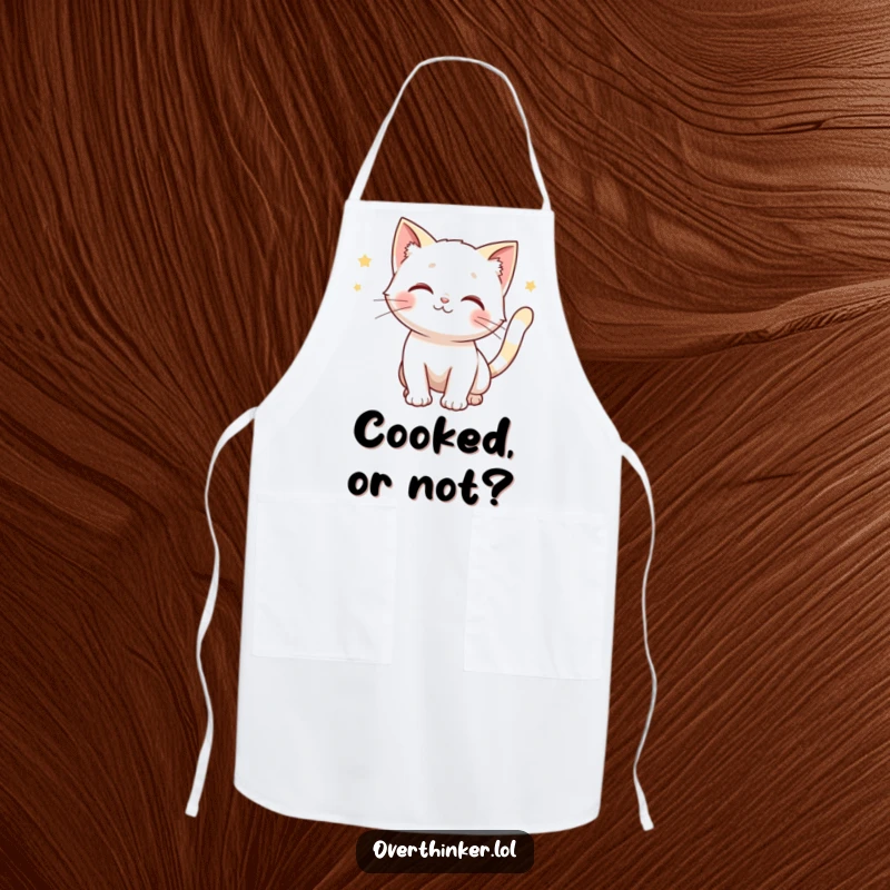Funny apron with a cat whose tail is twitching, anticipating multiple outcomes, perfect for kitchen tasks.