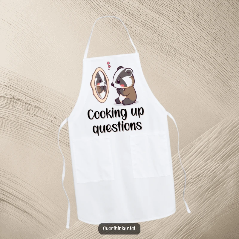 Funny apron with an overthinking badger staring at its reflection, ready to ponder any recipe.