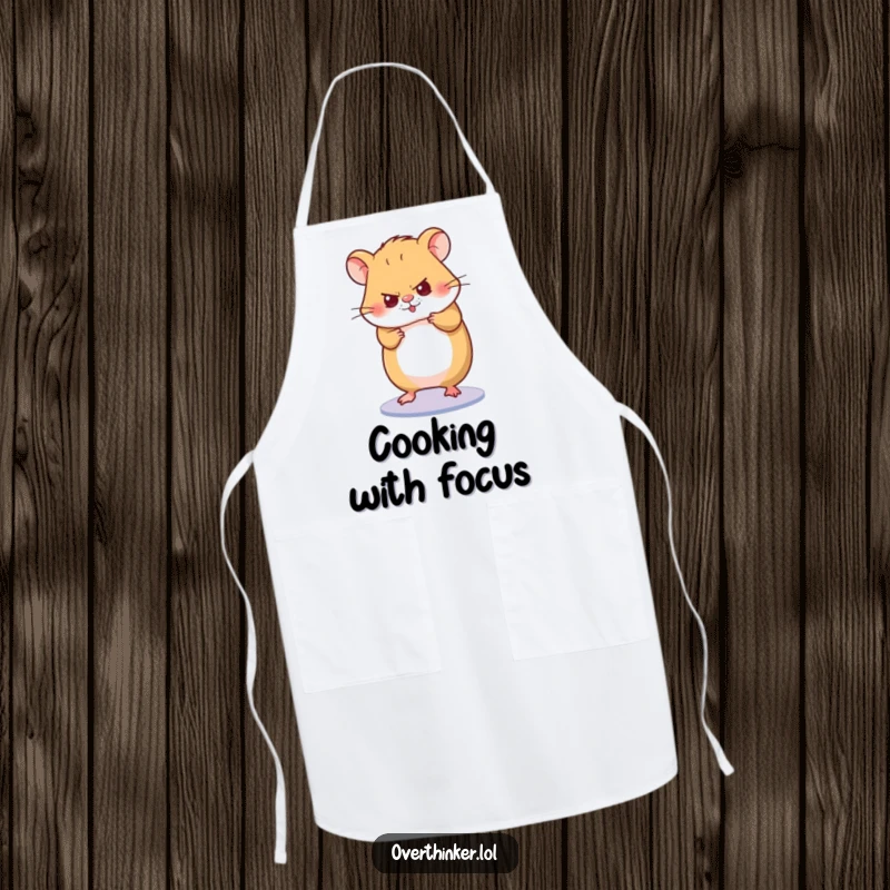 Funny apron featuring a hamster character spinning its wheel with intense focus, symbolizing dedication in the kitchen.