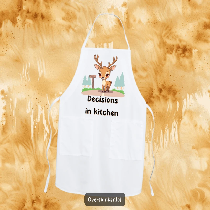 Funny apron with a deer looking thoughtful at a fork in the road. Humorous and practical for protecting clothes while cooking.