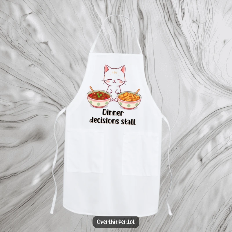 Funny Kawaii cat apron showing a cute cat looking between two identical food bowls, ideal for kitchen humor and protection.