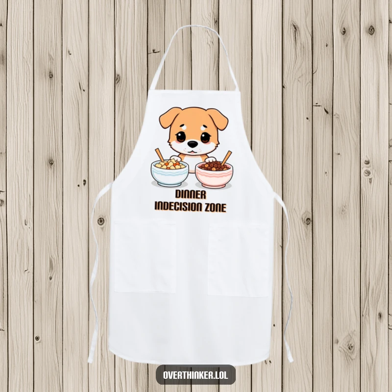 Funny kitchen apron featuring a dog looking confused between two identical bowls of food.
