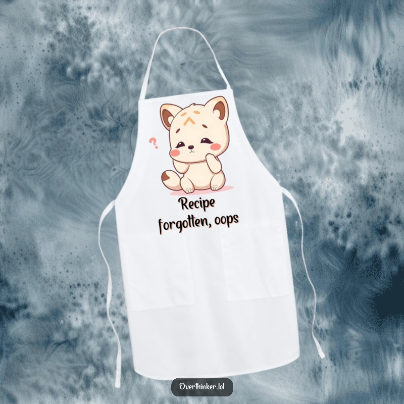 Funny apron displaying an animal character humorously tapping its head, symbolizing the effort to recall a cooking technique.