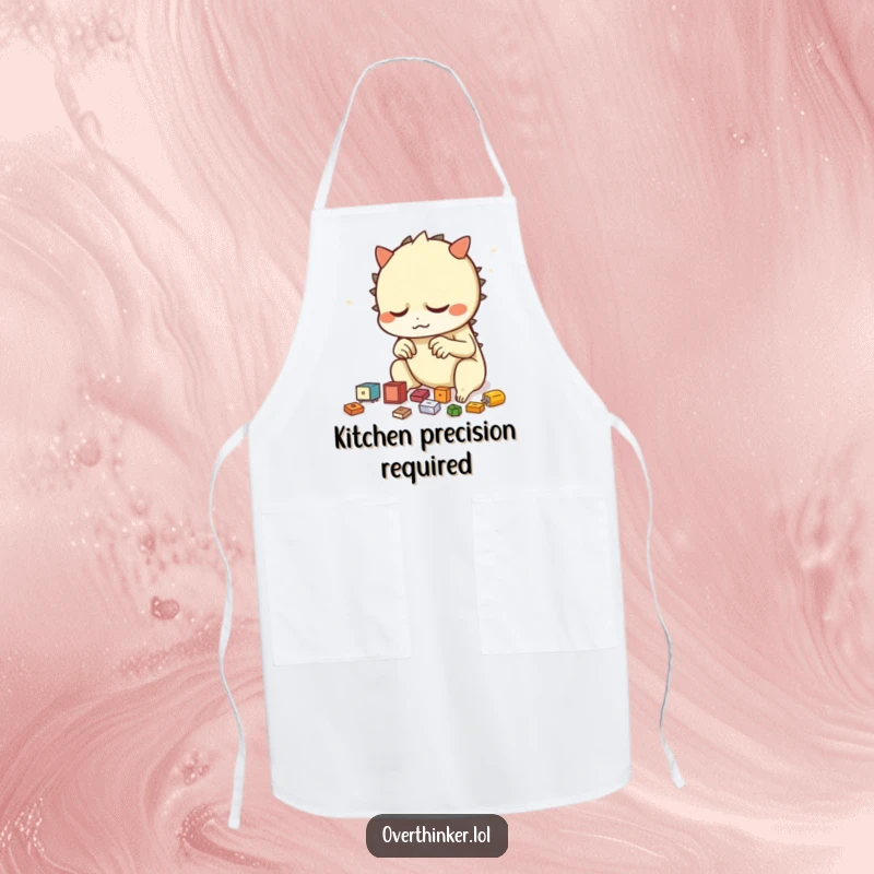 Funny apron displaying a creature nervously arranging small objects repeatedly, ideal for kitchen tidiness and humor.