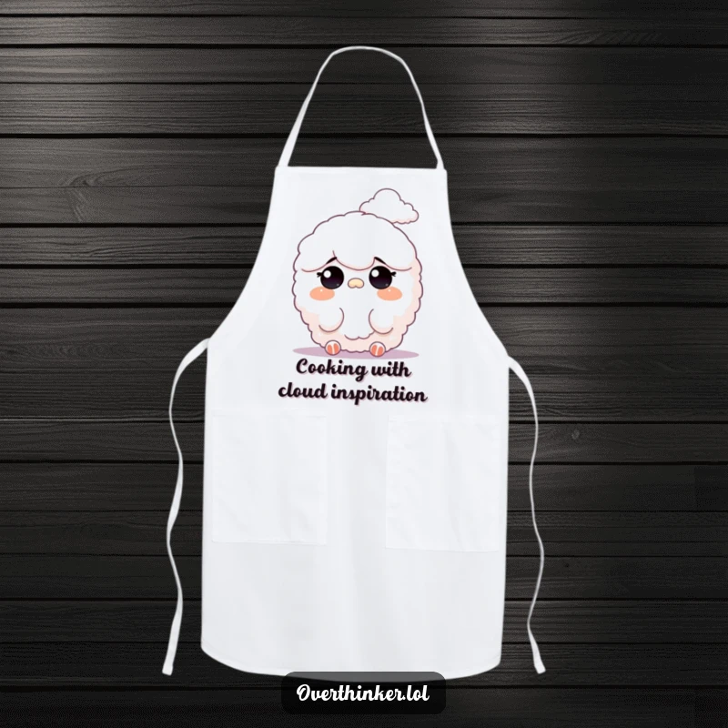 Funny apron displaying a fluffy character squinting at a faint, distant cloud formation, ideal for kitchen contemplation and whimsy.