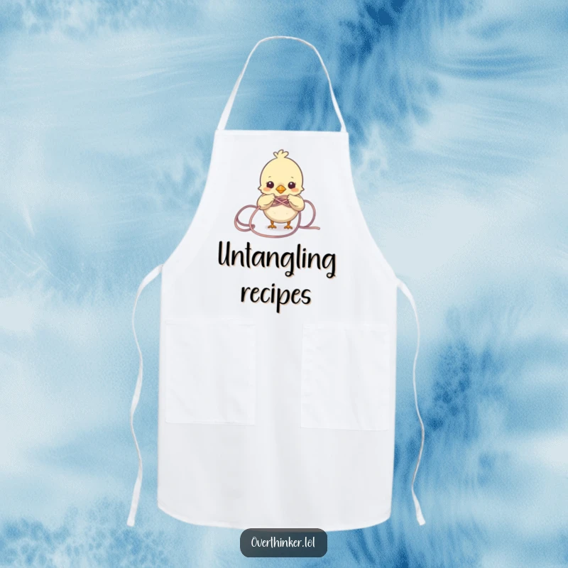 Funny Bird Apron showing a small bird character struggling with a big, tangled knot of yarn. Humorous kitchen accessory.