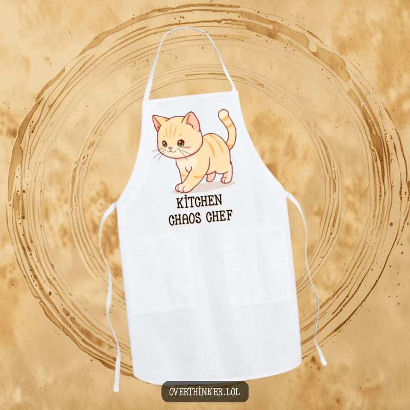 Funny kitchen apron featuring a cat pacing with its tail twitching, adding humor to cooking.