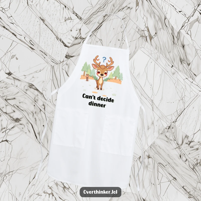 Funny apron with an overthinking deer looking perplexed at a fork in the path, ready to take on any culinary challenge.
