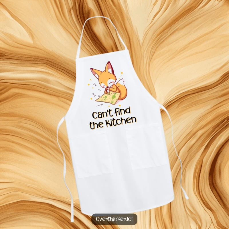 Funny fox apron featuring a character frantically drawing paths on a small map, ideal for humorous kitchen endeavors. Great gift.