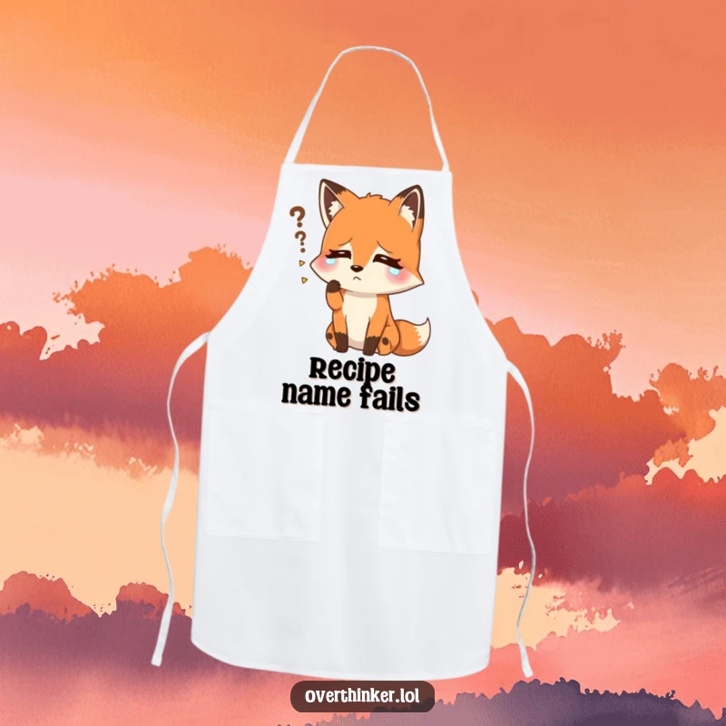 Funny apron with a fox sweating, struggling to recall a forgotten name. Humorous and practical for protecting clothes while cooking.