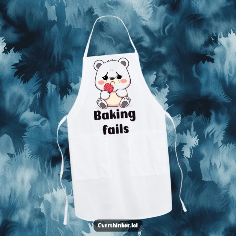 Funny apron with a grumpy bear holding a single small berry, representing a low yield.