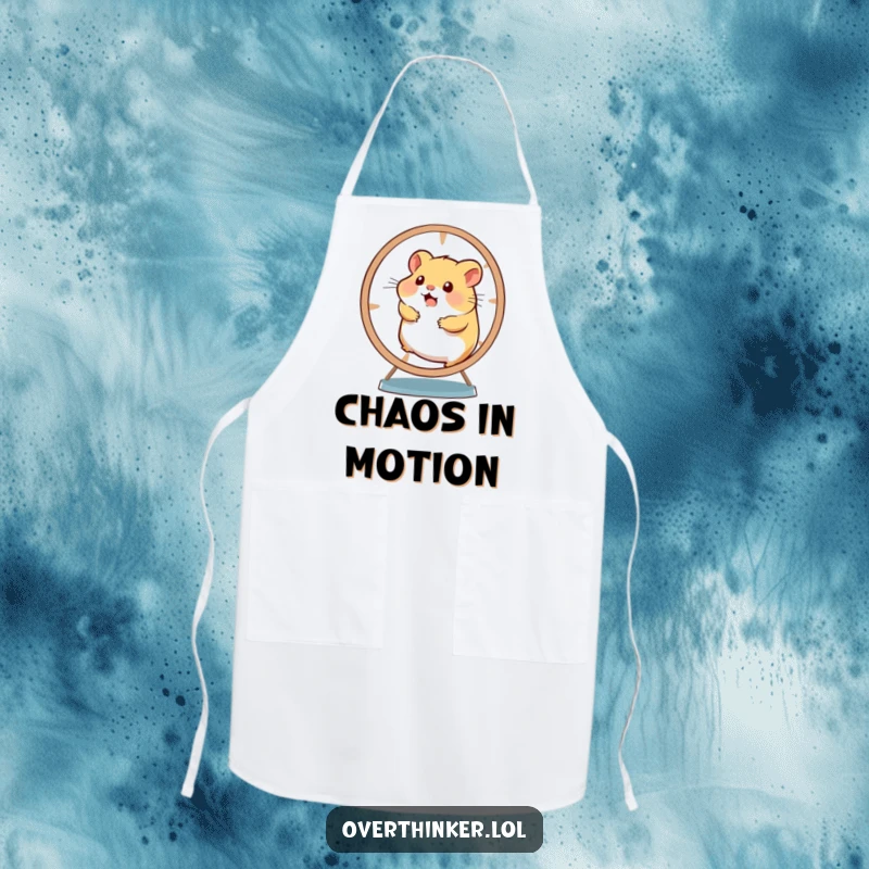 Funny apron showing a hamster in a chef hat spinning a wheel, symbolizing the busy kitchen.