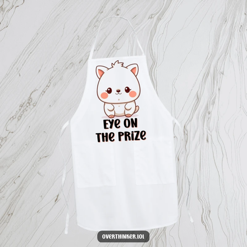 Funny kawaii apron with a cute animal character intently focused on a tiny speck, perfect for the detail-oriented chef.