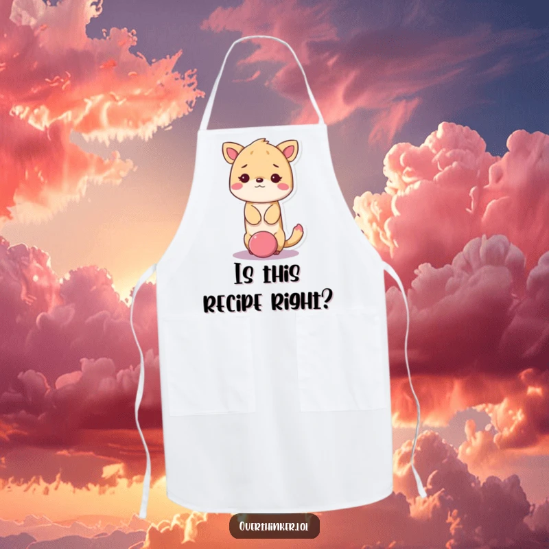 Funny kawaii animal apron showing a cute animal with its head stuck in a giant question mark, looking dazed.