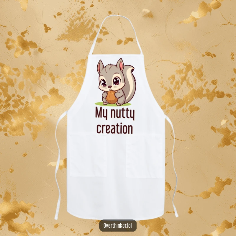 Funny Kawaii squirrel apron with comically large eyes fixated on a nut, adding a touch of whimsical humor to kitchen activities.