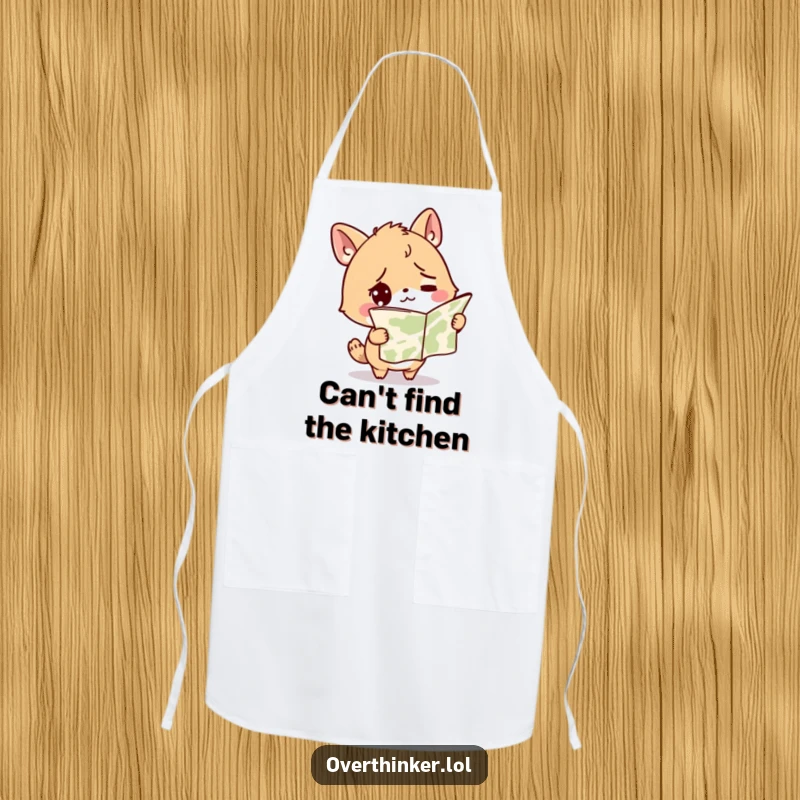 Funny apron showing a confused animal character holding a map upside down, implying kitchen navigation challenges with a humorous twist.