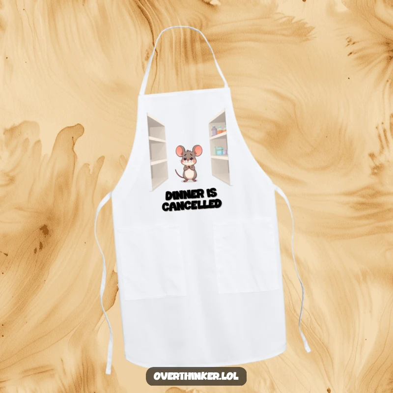Funny apron showing a worried mouse contemplating an empty pantry shelf, perfect for adding humor to kitchen duties.