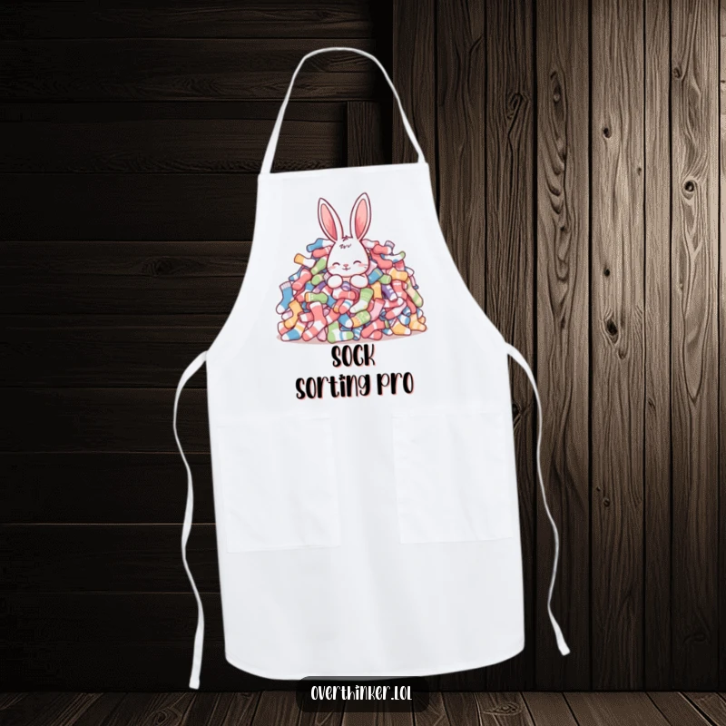 Funny rabbit apron designed for the kitchen, showing a rabbit overwhelmed by a huge pile of mismatched socks, ideal for cooking fun.