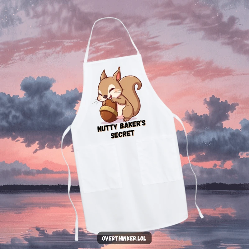 Funny apron featuring a squirrel nervously chewing on a comically oversized acorn, ideal for kitchen humor.