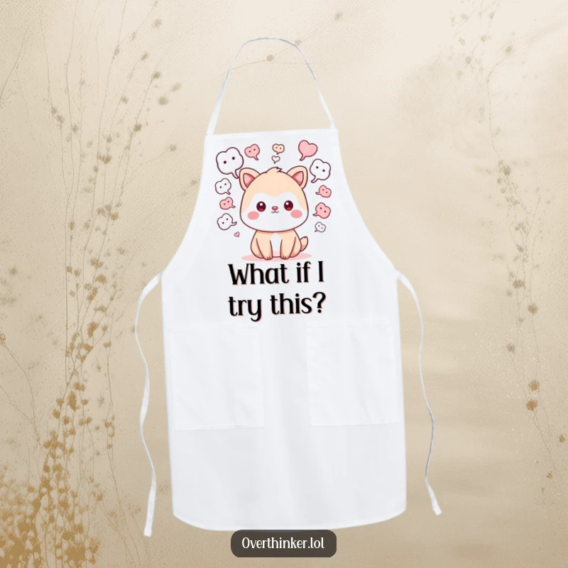 Funny kawaii apron with a cute animal character surrounded by 'what if' thought bubbles, perfect for the imaginative chef.