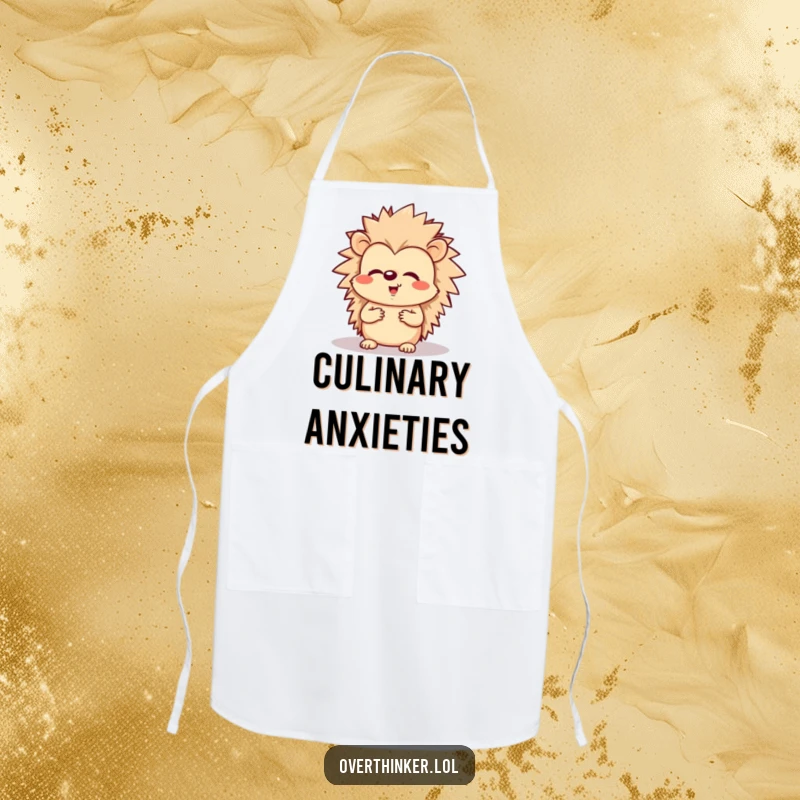 Funny apron showing a cheerful hedgehog looking worriedly at its shadow, perfect for baking.