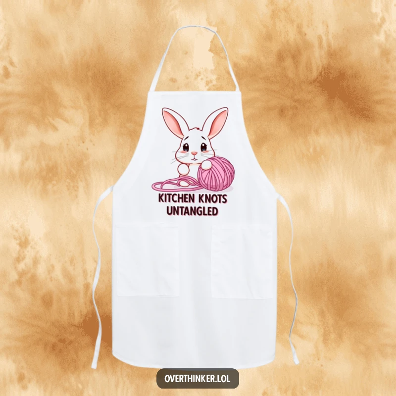 Funny apron featuring a confused rabbit looking at a tangled yarn ball, ideal for the crafty individual.