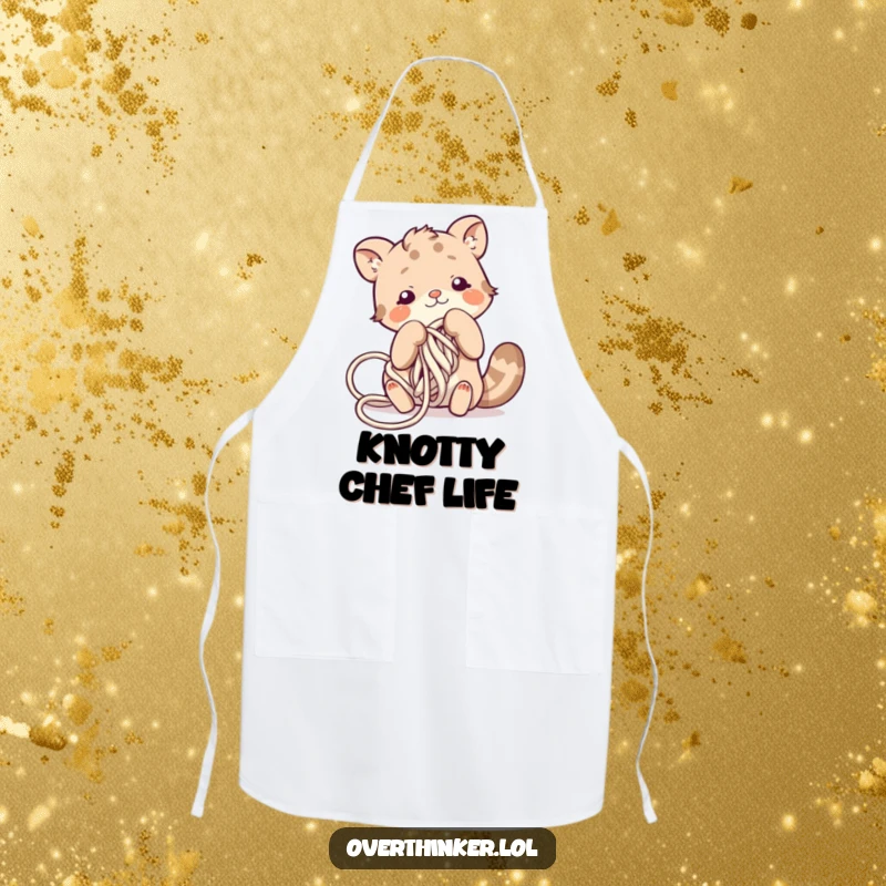 Funny apron depicting a cute animal character comically tangled in yarn while attempting to cook, adding humor to the kitchen.