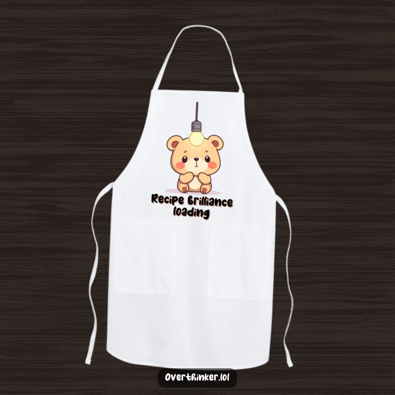 Funny bear apron featuring a bear intently watching a blinking lightbulb, perfect for kitchen adventures and inspired cooking.