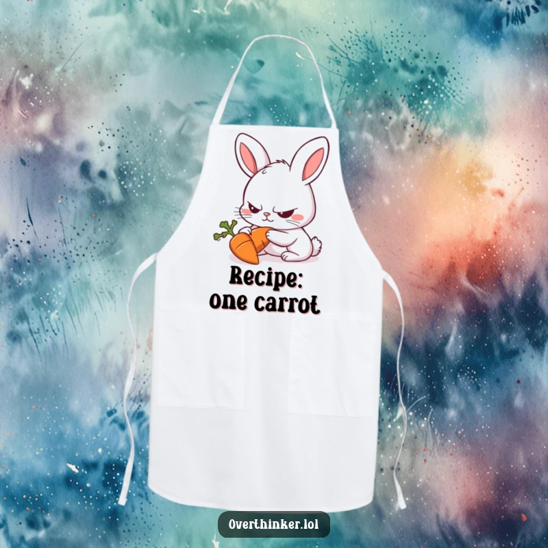 Funny Rabbit Apron: a rabbit with a furrowed brow intensely staring at a carrot, ideal for kitchen humor.