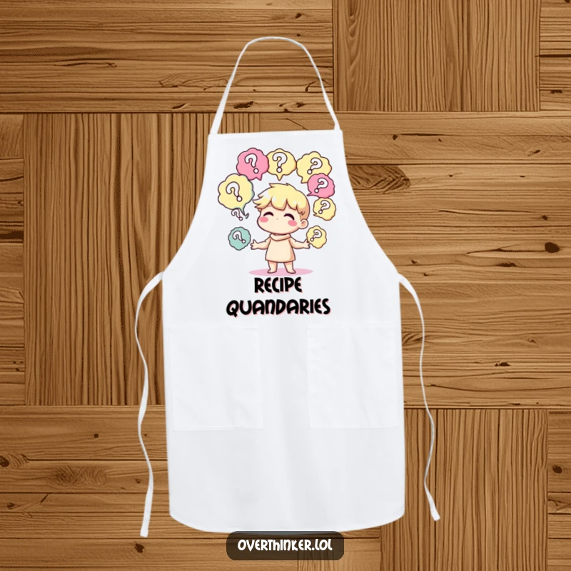 Funny apron showing a character juggling thought bubbles full of question marks, ready to tackle any culinary puzzle.