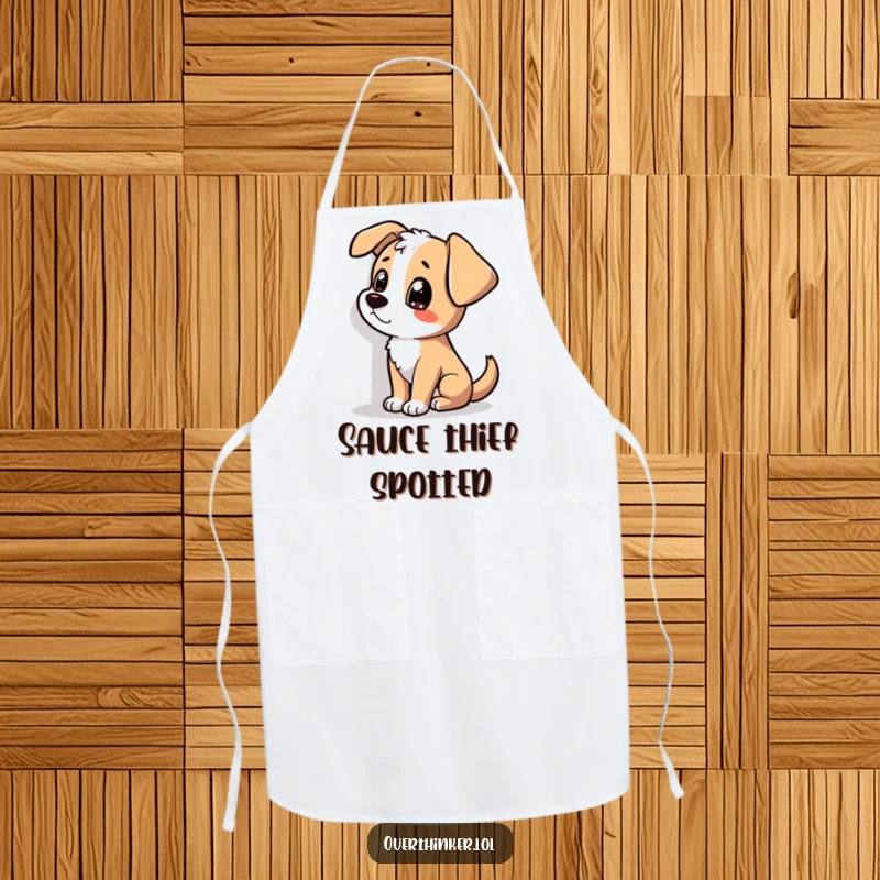 Funny apron with a dog tilting its head and staring at a wall shadow, adding humor to kitchen activities.