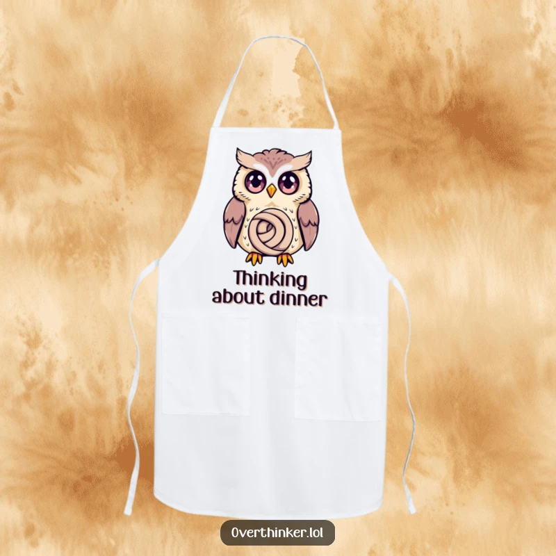 Funny Owl Apron: a wide-eyed owl spiraling in thought over a tiny knot, ideal for kitchen humor.