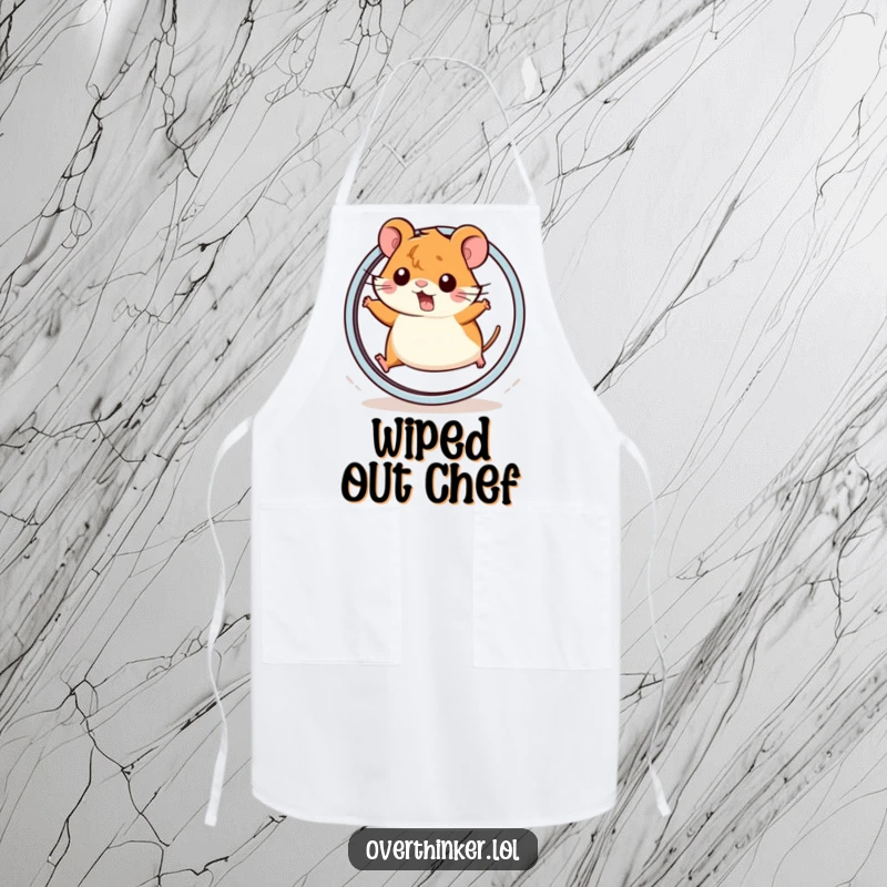 Funny Kawaii hamster apron showing a cute hamster abruptly stopping on a wheel, ideal for kitchen humor and protection.