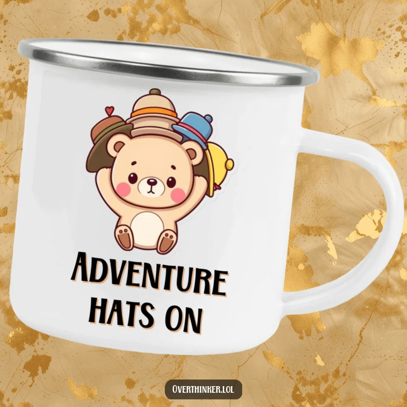 Funny camping mug showing a cute bear character humorously balancing several hats on its head, perfect for outdoor enthusiasts.