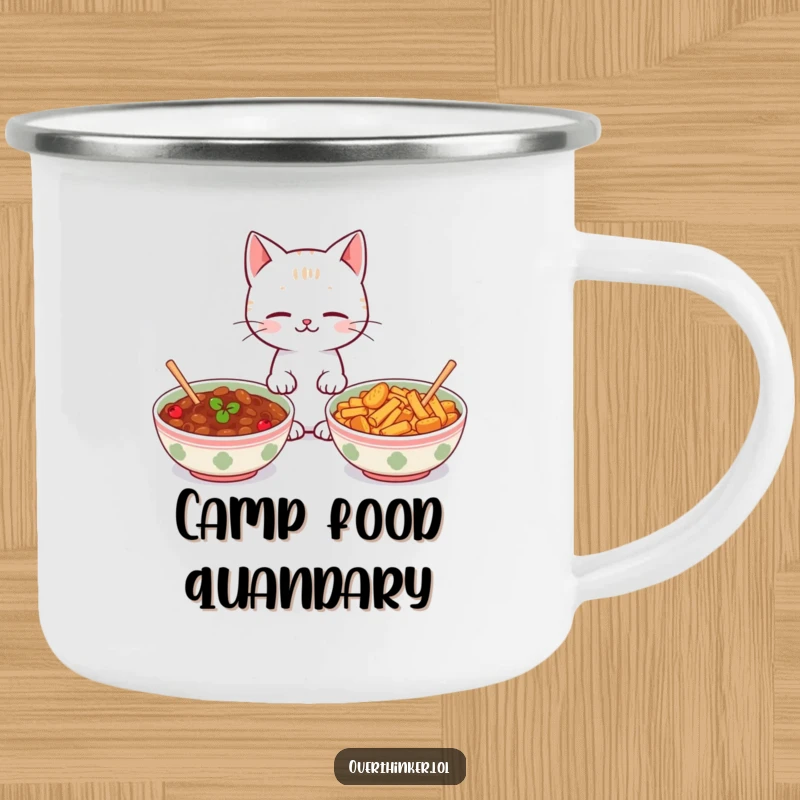 Funny Kawaii cat camping mug showing a cute cat looking between two identical food bowls, perfect for outdoor humor and drinks.