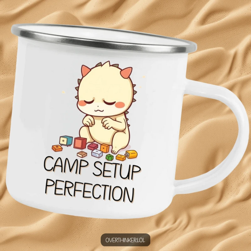 Funny camping mug featuring a creature nervously rearranging small objects, perfect for outdoor organization and humor.