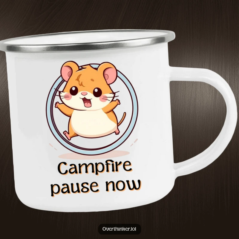 Funny Kawaii hamster camping mug showing a cute hamster abruptly stopping on a wheel, perfect for outdoor humor and drinks.
