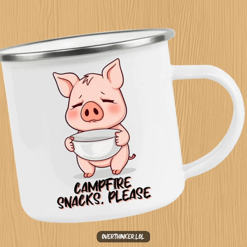 Funny camping mug featuring a nervous pig holding an empty bowl, ideal for food lovers enjoying the outdoors.