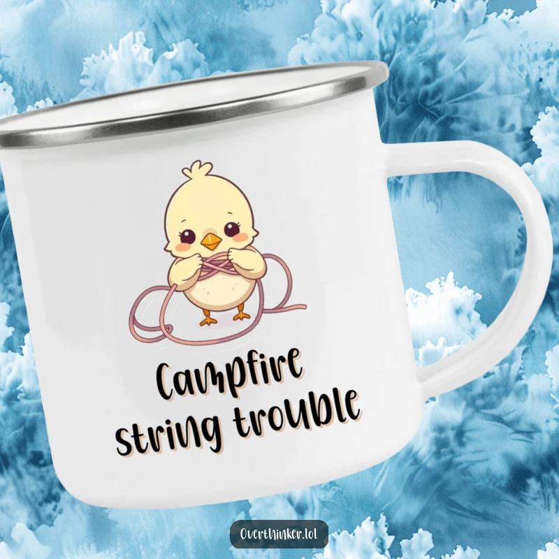 Funny Bird Camping Mug with a small bird character tangled in yarn, ready for outdoor relaxation. Humorous and durable.