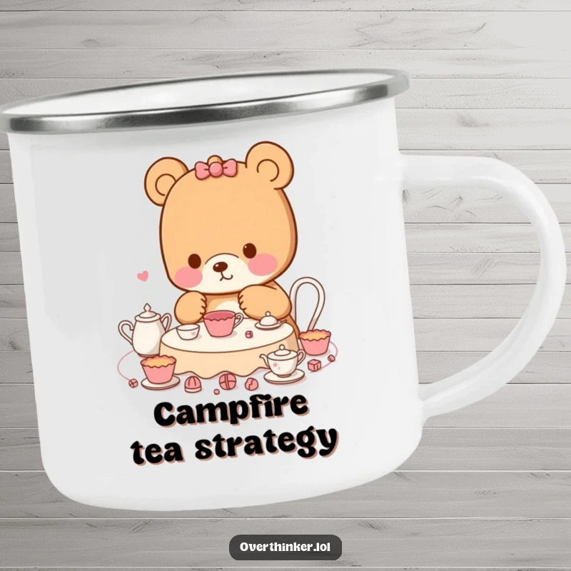 Funny Kawaii bear camping mug featuring a meticulous character planning a tea party, perfect for outdoor enthusiasts who appreciate organized humor.