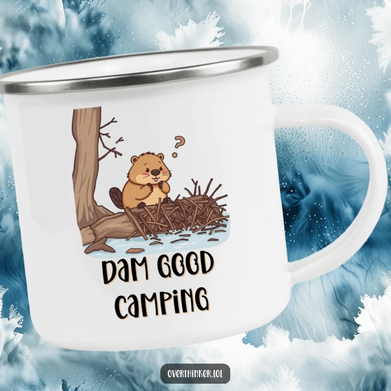 Funny camping mug, an overthinking beaver trying to build a dam with tiny twigs, ideal for campers reflecting on tasks.