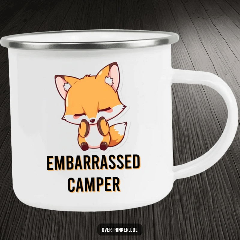 Funny camping mug depicting a fox character covering its face with its paws, a humorous take on embarrassment in the great outdoors.