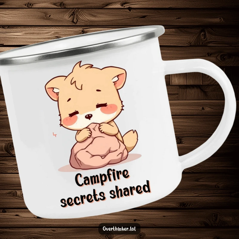 Funny Camping Mug: An animal character whispers secrets to a small, silent rock, ideal for outdoor adventures and laughs.